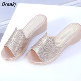 new women's slippers comfortable breathable wedge with thick bottom versatile mesh rhinestone slippers