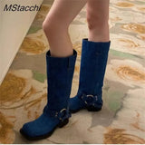 Toe Denim Boots For Women Star Style Low Heel Women's High Boots Leisure Luxury Shoes Large Size Slip-on Western