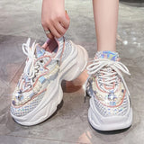 Print Chunky Sneakers Women 2023 Thick Bottom Platform Ladies Sports Shoes Street Fashion Pearl Rhinestone Dad Shoes
