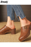 New Dropship 2023 New Women Brown Buckle Decor Mules Chunky Heeled Elegant Pump Vintage Comfy Women Mules Sandals