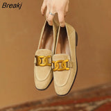 Retro Metal Buckle Loafers Women's English Style High Heel Flat Single Shoes Ladies Dress Shoes Faux Suede Low