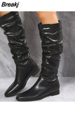 For Women 2023 Spring Knee High Boots Red Black White Tall Boots Woman Pleated Low Heel Casual Leather Female Long