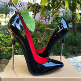 Women Red Inside Pumps 16cm Extreme Metal High Heels Black Sexy Pointy Toe Stilettos Man Fetish Model Club
