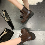 Autumn Winter Platform Ankle Boots Women Thick Sole Pu Leather Biker Boots Woman 2023 Short Plush Lace-Up Shoes