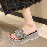 slippers Sequined High-heeled One-word Slippers Women Summer Outer Wear Platform Beach Comfort Sandals slippers
