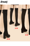 Suede Female Heels Autumn Zipper Elastic Knee-high Boots for Women Tube Lace-up Thigh Gigh Boots Black Botas Mujer