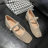 Crystal Pearl Flat Shoes Woman Square Toe Office Lady Luxury Shoes Big Size Mary Janes Shoes 2024 New Spring Single