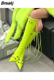 Green Women's High Boots Pointed Toe High Heels Stilettos Designer Shoes Sexy Demonia Boots Rivet Botas De Mujer