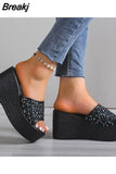 Wedge High Heeled Women Sandals New Arrived 2023 Bling Sequin Lady Slipper Peep Toe Comfort Walk Causal Sandals Plus