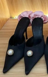 Breakj New Pointed Thin With Super High With Silk Rose Back Empty Pearl Large Size Baotou Slipper