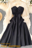 Elegant Women Dress Stars See Through Mesh Long Sleeve Patchwork Square Collar High Waist Sexy Evening Party Dress