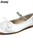 Style Elegant Rhinestone Bow Mary Jean Shoes 2023 Hot Satin Ballerinas Flats Single Shoes Bling Rhinestones Women