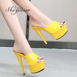 Women Shoes High Heels 2023 New Slippers Stripper Thick Bottom Platform Patent Leather Open Toe Bling Plus Size 43 Party