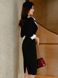 Fashion Elegant Office Lady Women Dress Sexy Retro Casual Turn-Down Collar Black Formal Slim Midi Party Pencil Femme