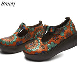 2023 New Genuine Leather Pumps Women Shoes Print Spring Autumn Retro Buckle Strap High Heels Ladies