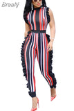Women Fashion Striped Jumpsuits Ruffles Bodycon Rompers Designer New Elegant Sleeveless Ladies Office Playsuits