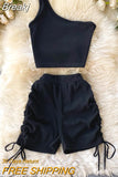 Casual Women 2 Piece Set Solid Summer Fashion One Shoulder Sleeveless Crop Top and Drawstring Shorts Workout