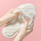 Women's Cross Band White Fur Slippers Winter Warm Plush Soft House Slippers for Women Indoor Open Toe Fluffy Home Shoes