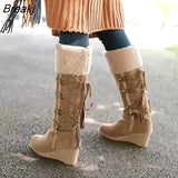 Women Lace Nubuck Flat Heels Winter Snow Boots Women's Flock Plush Padded Winter Long Riding Motorcycle Boots botas de