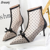 Women's Korean-Style Sexy Fashion Pointed Mesh Polka Dot Breathable Hollow Bow Stiletto Ankle Boot Party Summer Casual for