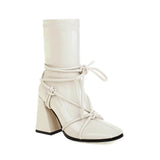 Women Ankle Boots with Chunky Heels Size 34~46 Korean Style Patlent Leather Pumbs Square Toe Elegant Booties Spring Autumn