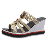 Breakj And Slippers Women 2025 Summer Bohemian Beads Weaving Fish Mouth Shoes A Word Hollow Loose Cake Bottom Cool