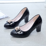 Women Dress Shoes Patent Leather Mid Heel Pumps Fashion Shoes Pointed Toe Slip on Office Ladies Shoes Zapatos Black Women