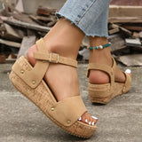 Rivet Wedge Platform Sandals Women Summer Rome Ankle Buckle Chunky Sandals Woman Wood Grain Sole Sandalias De Mujer