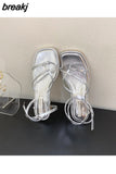 New Summer Women Sandals Fashion Square Toe Flat Heel Ankle Strap Shoes Narrow Band Casual Slides Green Sliver Female