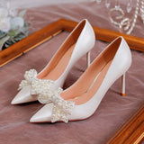 Luxury Pearl Bowknot Wedding Pumps Women Sexy Stiletto Heels Party Shoes Woman Silk Pointed Toe Rhonestone Pumps