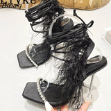 Summer Blue Tassels Feather Decor Women Crystal Transparent High Heels Sandals Sexy Open Toe Lace Up Runway Shoes