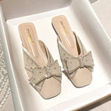 Shoes Mules For Women 2024 Ladies' Slippers Rivet Cover Toe Butterfly-Knot Low Square heel Loafers Flock New Pointed