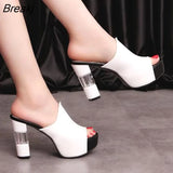 Leather Sole Slippers Women Sexy High Thick Heel 12cm Mules Black Red White Peep Toe Platform PU Sandals Shoes