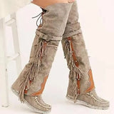 Bohemia Knee-length Women Boots Ethnic Personality High Boots Tassels Faux Suede Boots Girl Flat Bottom Long Botas