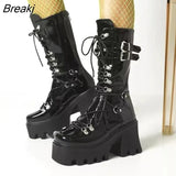 Platform Leather Medium Boots Women's Retro Punk Height Increasing Gothic Punk Knight Boots Ladies Lace Up Booties