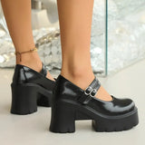 High Heels Mary Jane Shoes for Women White Patent Leather Platform Pumps Woman Ankle Strap Chunky Heel Uniform Dress