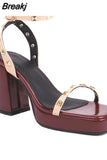New Fashion 2023 Chunky High Heels Sandals Summer Ankle Buckle Riveted Design Ladies Sandals Comfy Walking Simply