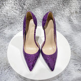 Purple Embossed Crocodile Effect Women Pointy Toe Slip On High Heel Shoes for Party Sexy Ladies Dress Stiletto