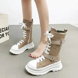 Canvas Chunky Platform Motorcycle Boots Women Zip Thick Bottom Combat Boots Woman Autumn Winter Punk Mid Calf Botas