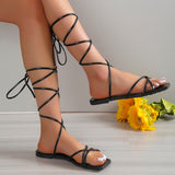 Rome Cross Strap Flat Sandals Women Summer 2023 Square Toe Gladiator Sandals Woman Non Slip Beach Shoes Plus Size