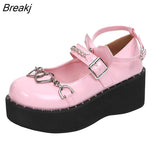 Women Pumps Mary Jane Derby Metal Decoration Platform Flat Heel Female Shoes Ladies Wedge Lolita Gothic Harajuku Punk
