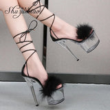 Women's Sandals 2023 Summer Fashion Ankle Cross Strap Fur High Heels Clear Waterproof Platform Female Steel Tube