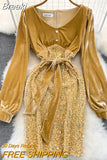 Elegant Women Autumn Winter Velvet Dress Sexy V-neck Long Sleeve High Waist Sequins Mini Bodycon Night Club Party