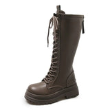 Chunky Platform Motorcycle Boots Women Thick Bottom PU Leather Knee High Boots Woman Autumn Winter Black Long Botas