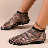 Women's Round Toe Flat Bottom Sandals Summer Slip-On Hollow Mesh Short Boots Fashion Water Diamond Sexy Banquet Slippers