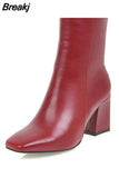 Women Side Zipper Comfortable Square Heel Ankle Boots Fashion Square Toe Keep Warm Winter Shoes Black Red White