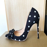 Polka Dot Women Black Satin Stiletto High Heels with Bowknot Chic Ladies Designer Dress Shoes Pointed Toe Silk