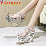 Nightclub Transparent Super High Heeled Shoes Diamond Rivet PVC Band Fashion Sandals Summer Hollow Out Wedge Women's