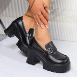 Black Chunky Heels Pumps Women Pu Leather Platform Loafers Woman Fashion Metal Buckle High Heels Dress Shoes Mary