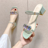 Rhinestone Sandals for Women Summer 2024 Square Heels Open Toe Slippers Woman Transparent PVC Jelly Sandal